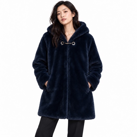 Jackets & Blazers - Women's Hooded Faux Fur Coat Blue XSmall Winter Cozy Mob Wife Classic Timeless